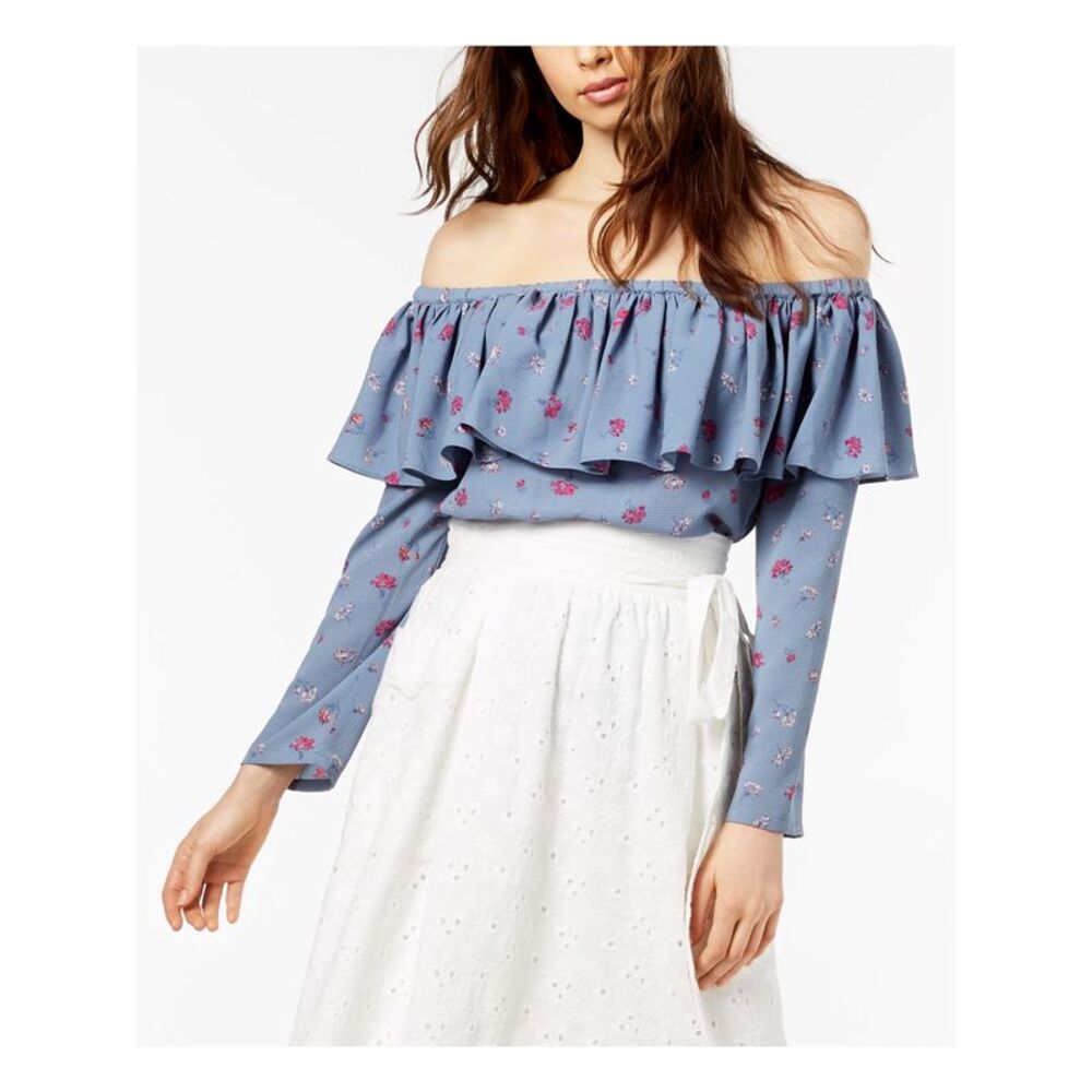 JILL STUART Womens Blue Off The Shoulder Long Sleeve Top L